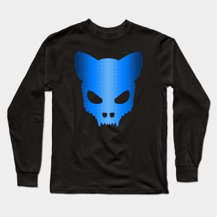 Devil-Cat Skull In Blue and Black Halftones Art Long Sleeve T-Shirt